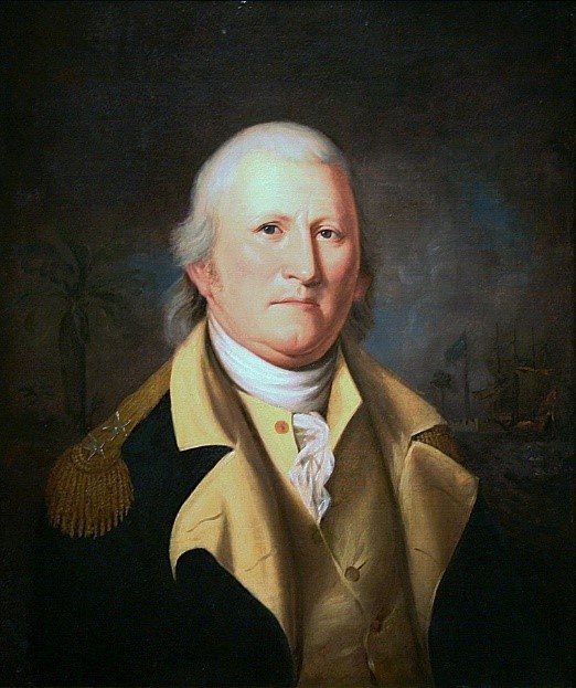 A head and shoulders portrait of William Moultrie. Painted in middle age, he wears a military uniform jacket that is blue with gold trim.